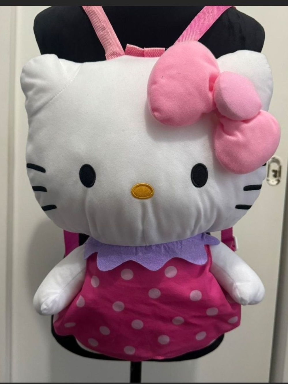 Hello Kitty Pink and White Plush Kids Backpack with Polka Dot Dress